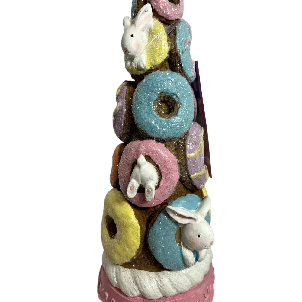 Sweet Treats Bunny Donut Topiary Figurine Pastel Bunny Pedestal Cottage Decor NT